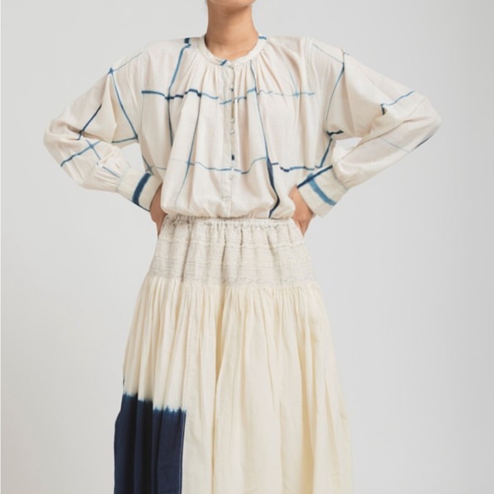 Injiri Natural Cotton Indigo Grid Print Blouse